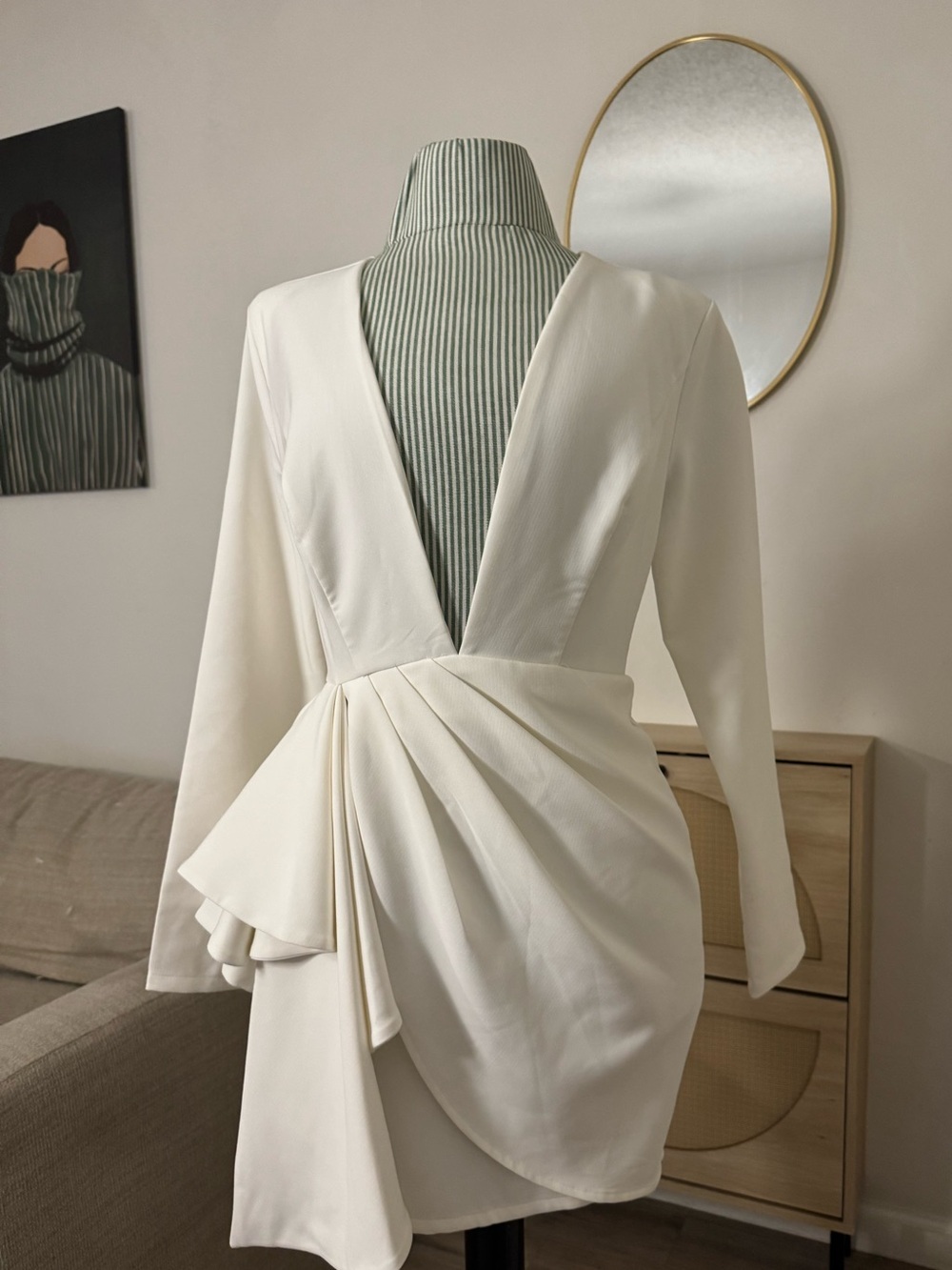 Bebe White Long-Sleeve Plunge Wrap Draped Mini Dress